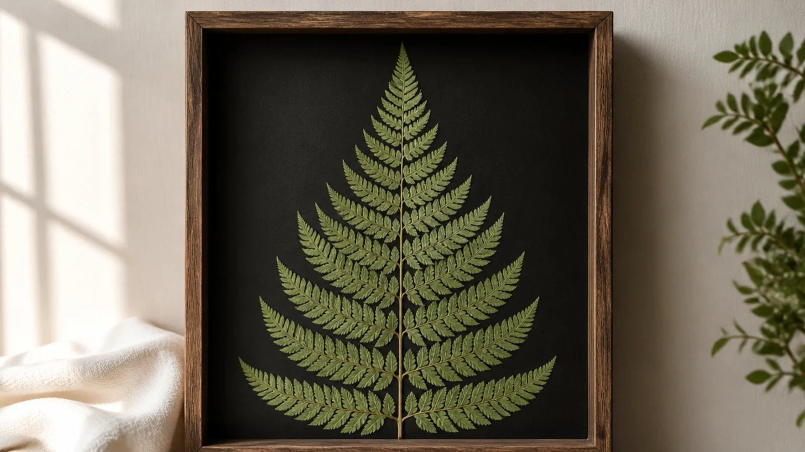 A shadow box holding a single large preserved green fern frond mounted upright against a dark background.