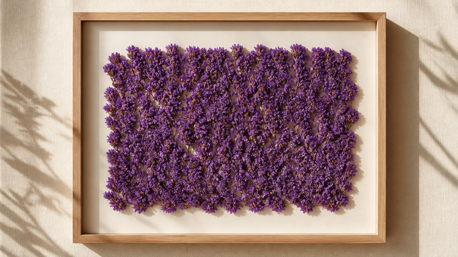 A frame packed with dried statice in a single vivid purple, forming a dense block of papery color on cream.