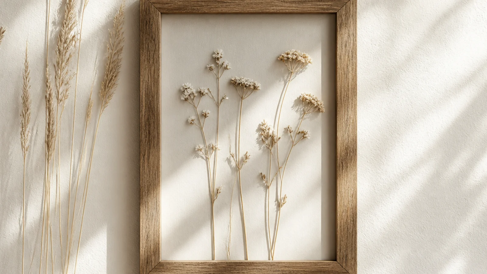 A tall narrow frame with a few slender dried grass stems running vertically on a pale background, lots of open space.
