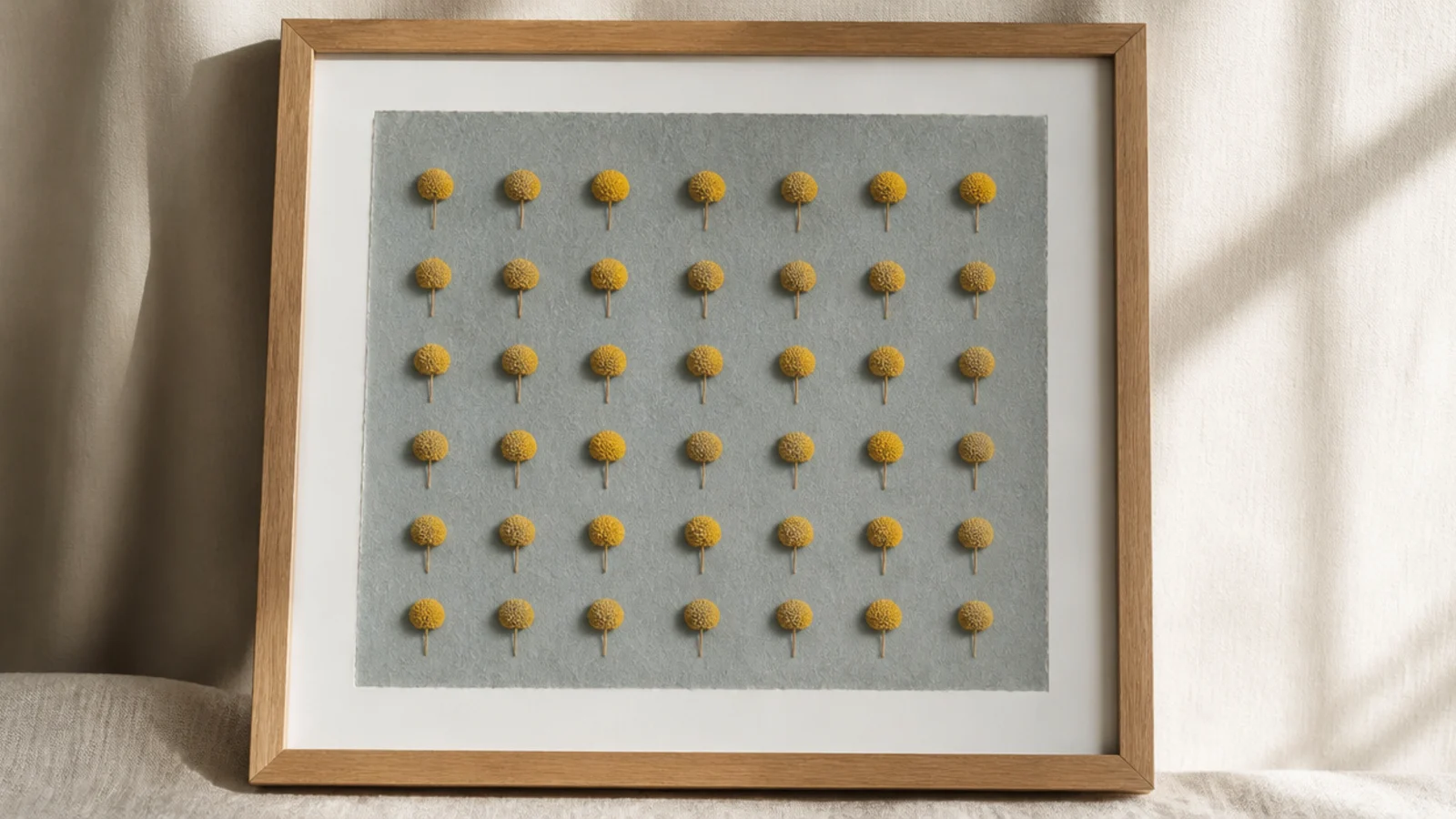 A frame with round yellow dried craspedia (billy balls) arranged as evenly spaced dots on a grey-blue background.