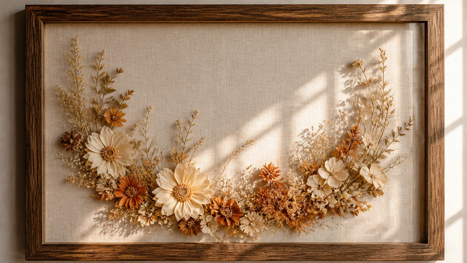 A deep frame with dried flowers arranged in a flowing crescent shape sweeping across the lower half on linen.