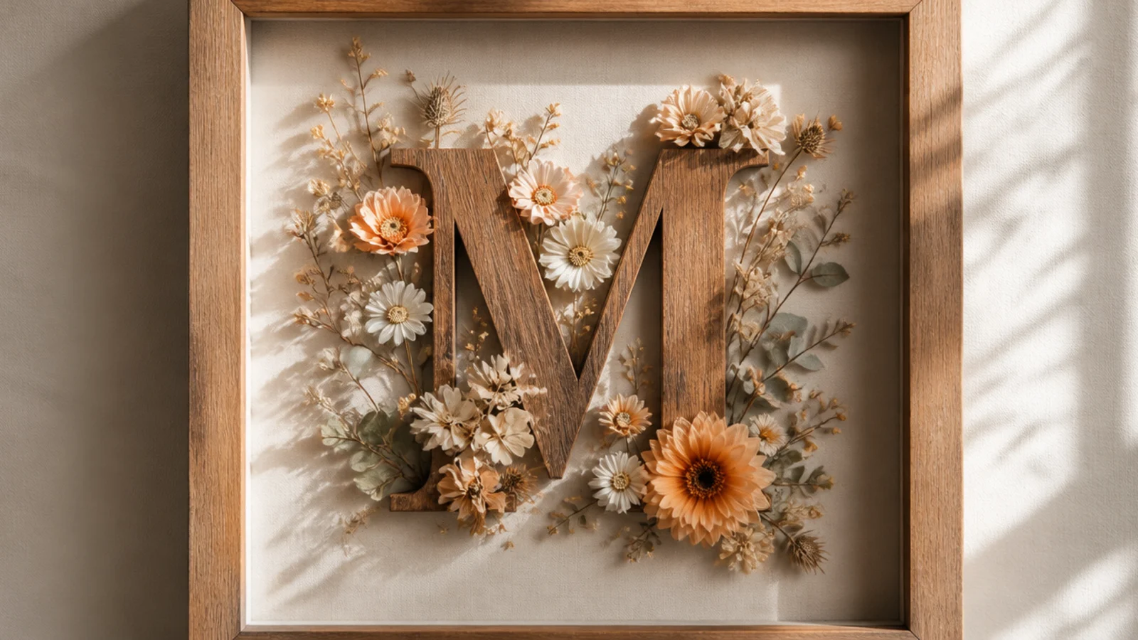 A shadow box with small dried flowers arranged over a wooden letter initial, blooms clustered around the shape.