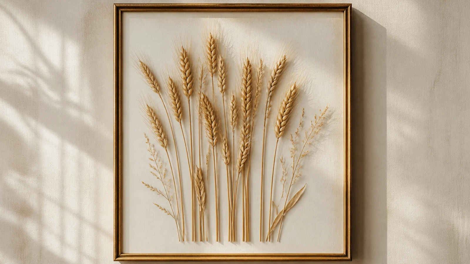 A frame with golden dried wheat stalks arranged in a neat vertical bundle on a warm cream background.