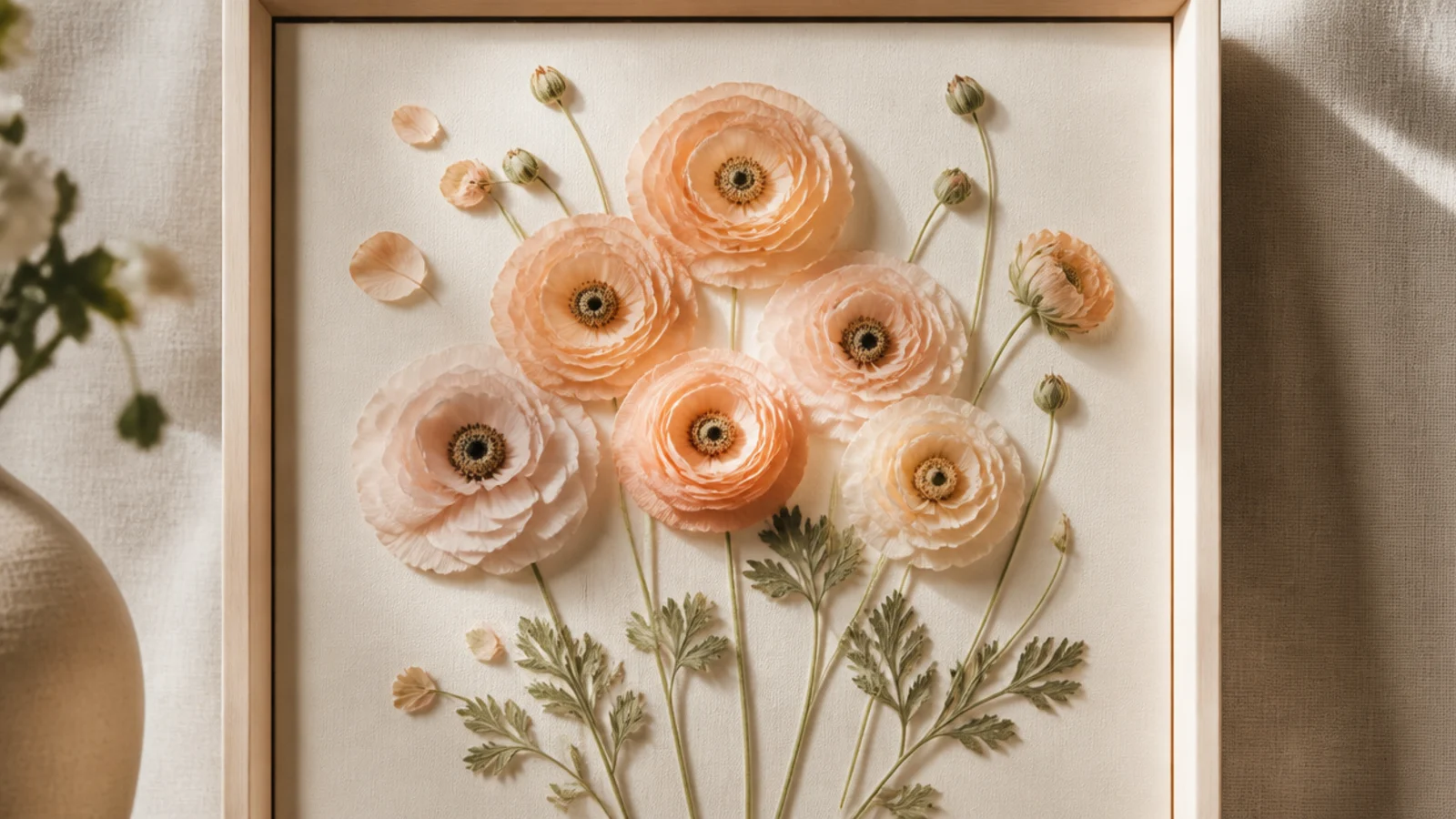 A deep frame with a cluster of silica-dried ranunculus in soft peach and blush, layered petals intact, on cream.