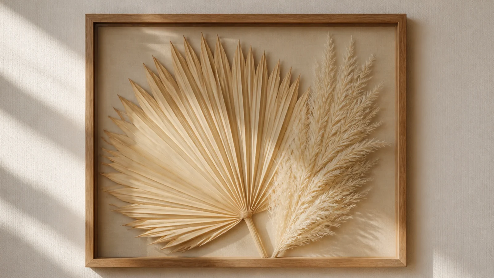 A large frame with a dried fan palm leaf and soft pampas plume arranged together on a warm sand-toned background.