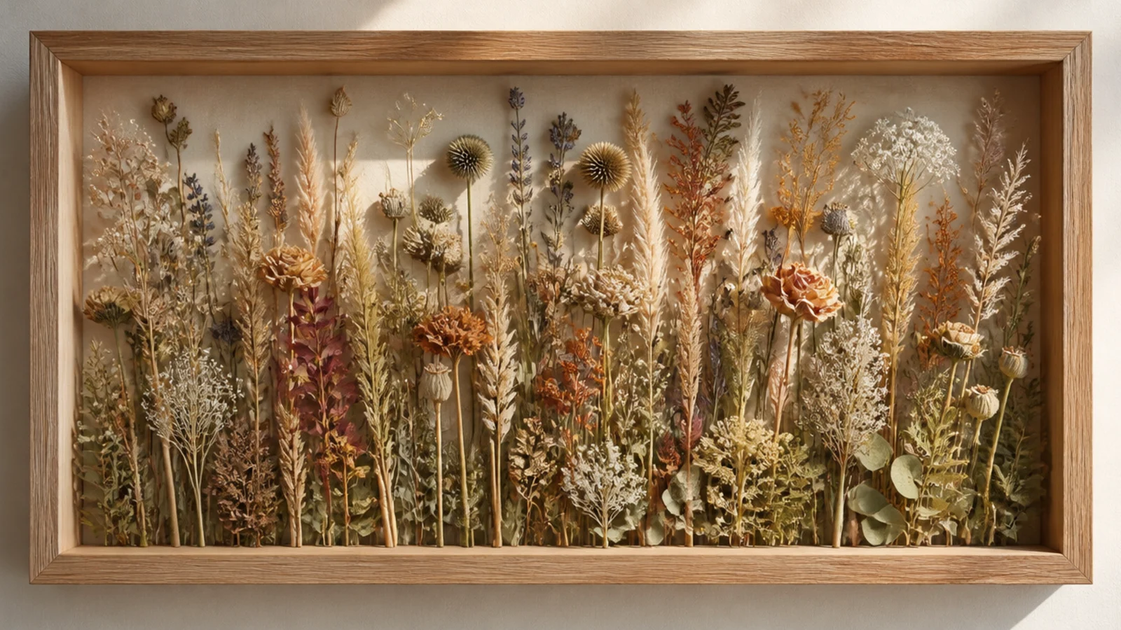 A large deep shadow box filled with a lush mix of dried flowers, grasses, and seed heads arranged as a full meadow.
