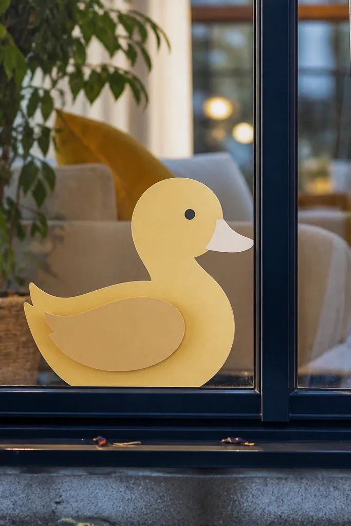 Yellow duck silhouette layered on white paper with a teal window frame
