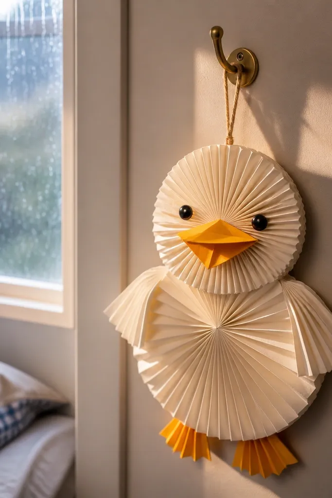 A yellow paper rosette duck with folded wings and a black dot eye