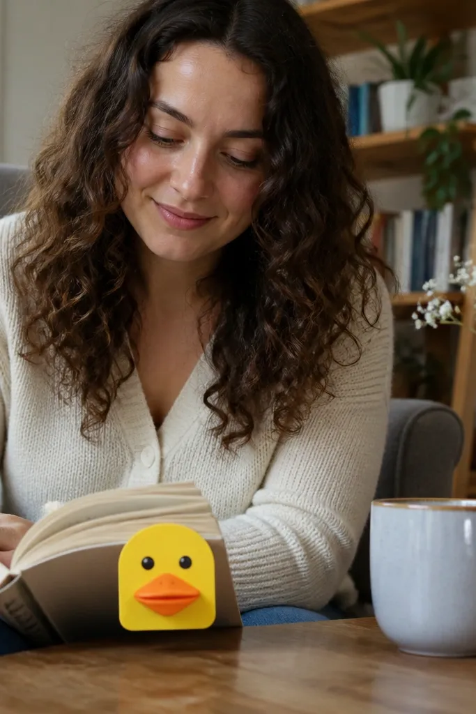 A bookmark shaped like a 3D duck with a popping beak and small wings