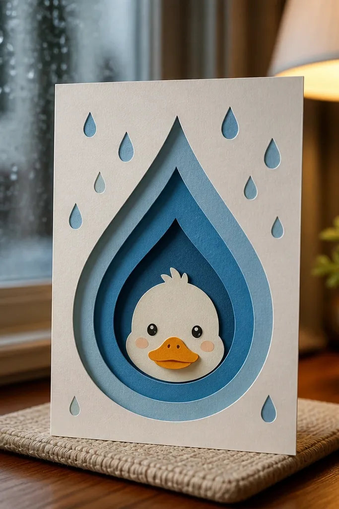 A yellow duck inside layered raindrop shapes on a white card