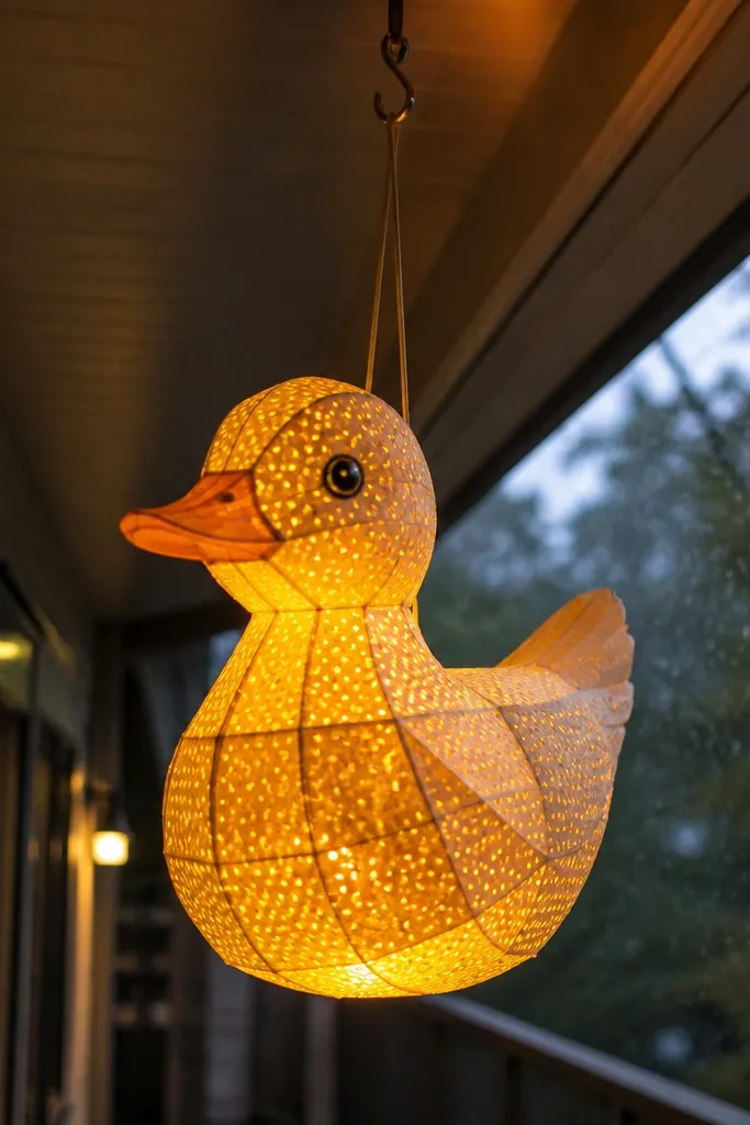 A small paper lantern shaped like a duck with glossy tape highlights