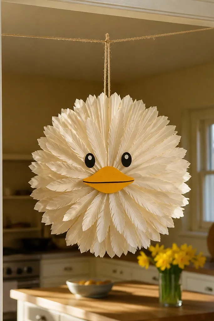 A duck ornament made from folded paper strips with a fan shape and black eyes