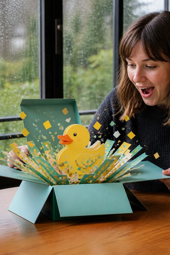 A small box with a duck pop-up and colorful confetti paper falling inside