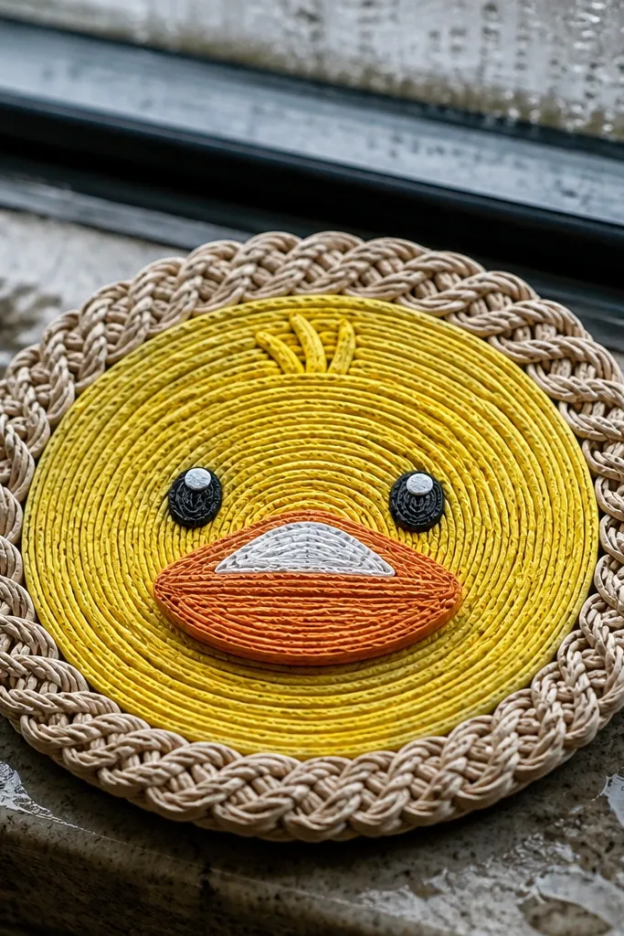 A round paper coaster with a duck face in the center and rope-like texture border