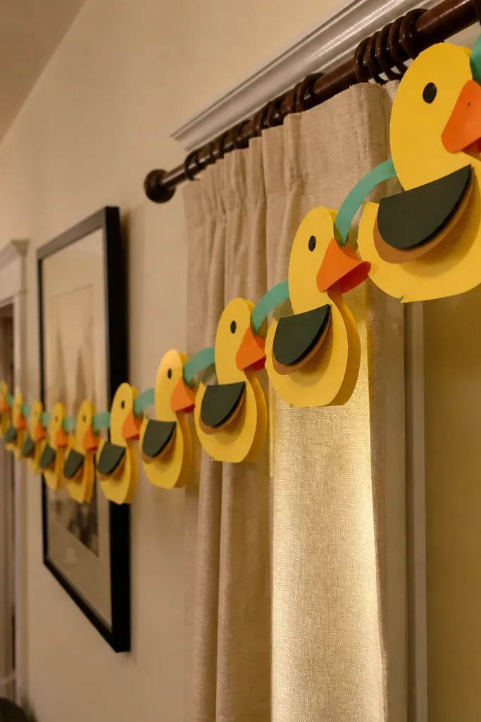 A paper chain garland made of linked duck heads with teal accents