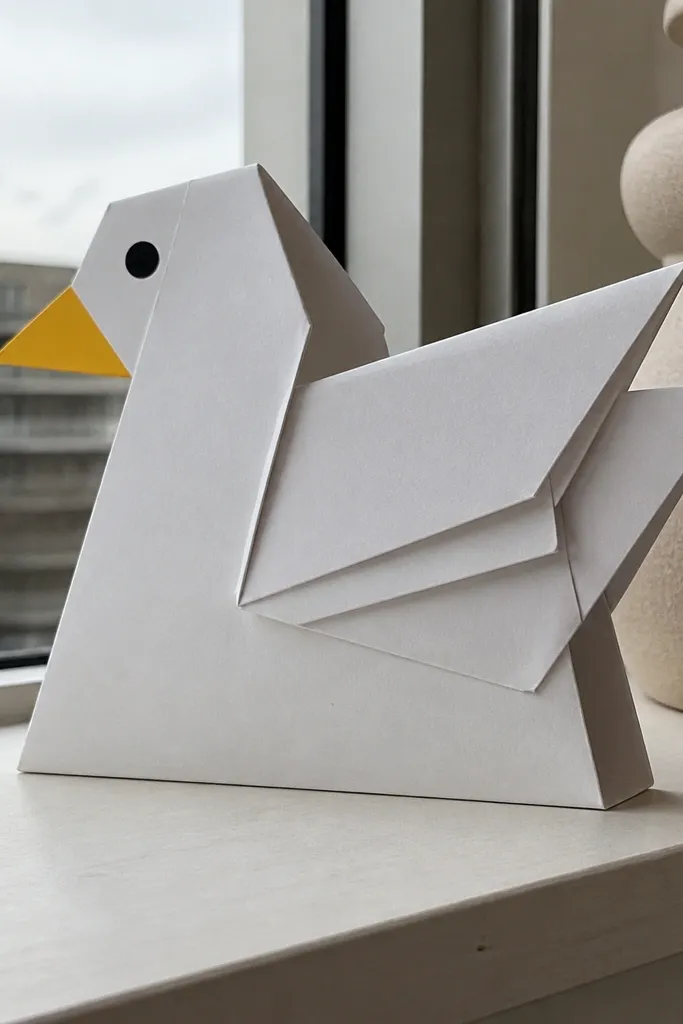 A duck card with folded wing flaps that look origami-like on teal paper