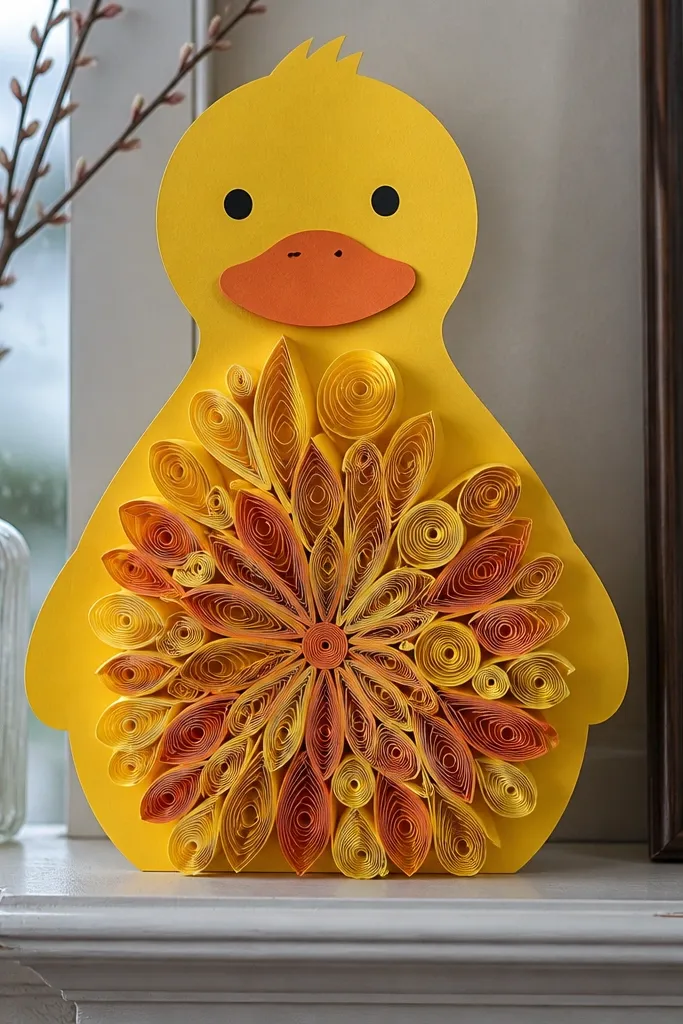 A duck face with a burst of curled paper strips on the belly