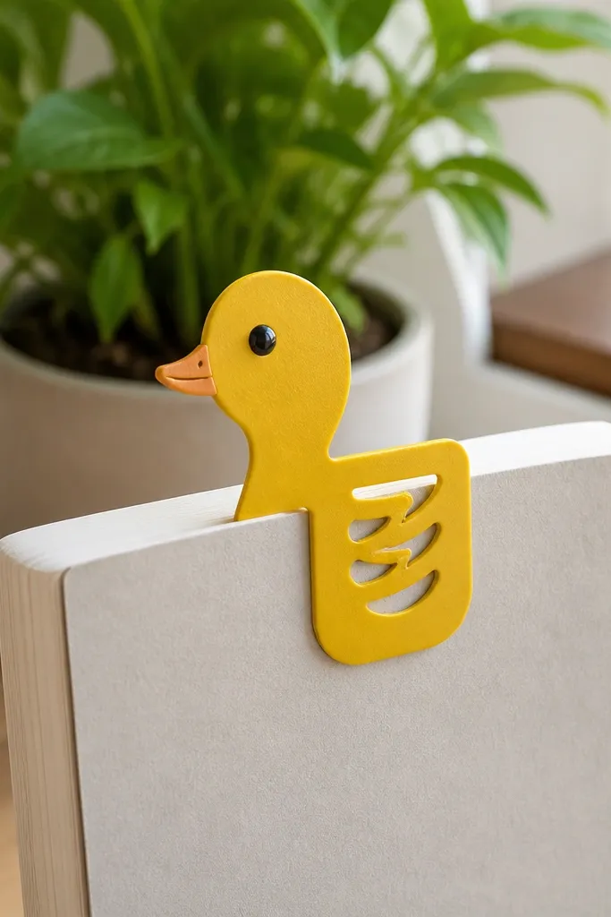 A duck-shaped paper bookmark clip with wing cutouts and a clear tape shine