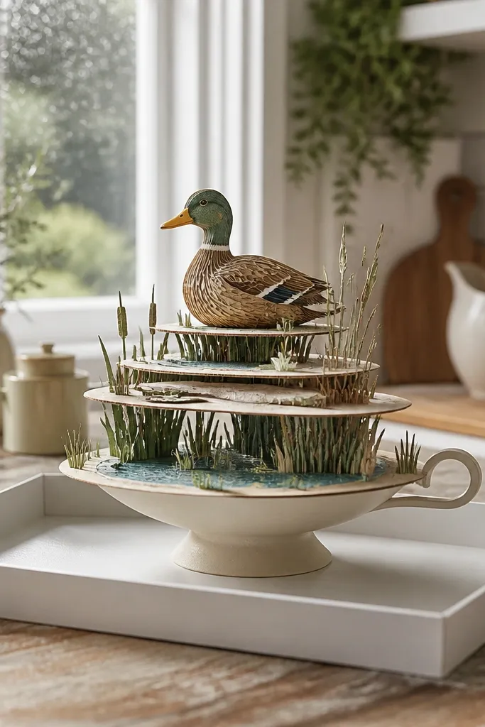 A tiny paper duck scene on a small stand with blue water and paper reeds