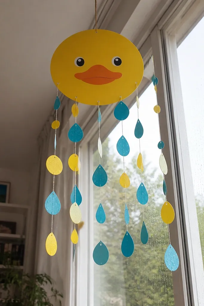 A hanging duck mobile with yellow circles and teal raindrop shapes