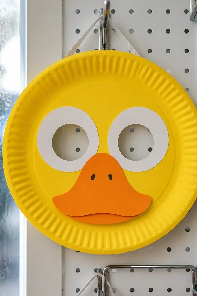 A yellow duck mask made from a paper plate with an orange beak and black eyes