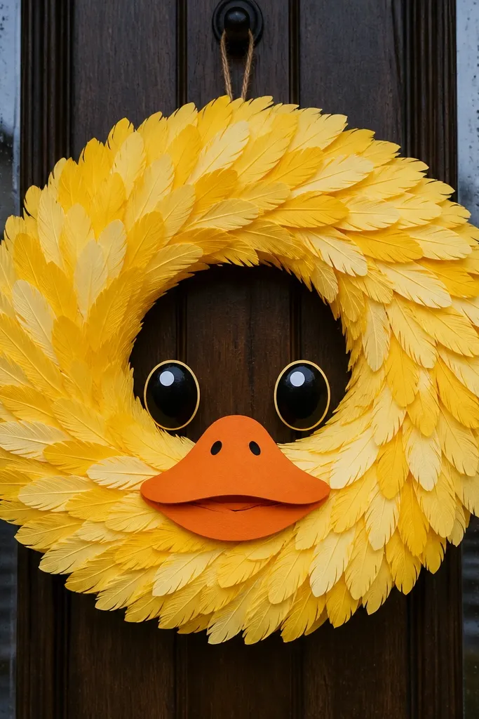 A small paper wreath with a duck face in the center and feather-like cutouts around