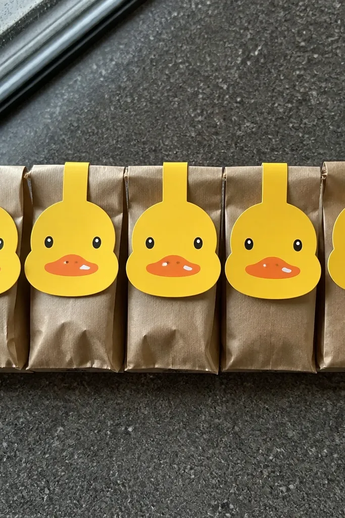 Yellow duck tear-off tags attached to a string with small teal raindrop marks