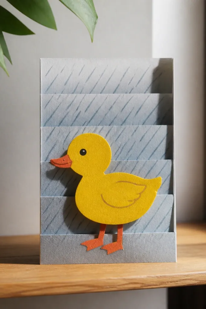A folded accordion paper scene with a duck and rainy lines that opens like a screen