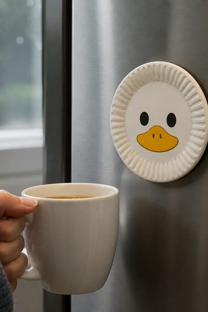 A round duck craft with a magnet backing and a glossy beak highlight