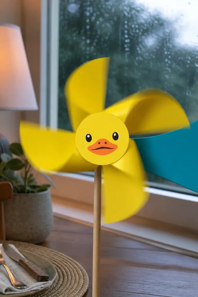 A yellow paper pinwheel duck with teal tail and a black beak center