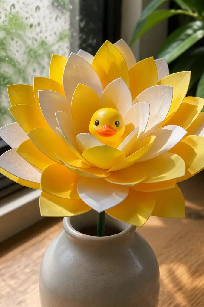 A bouquet of yellow paper petal flowers with a tiny duck face at the center