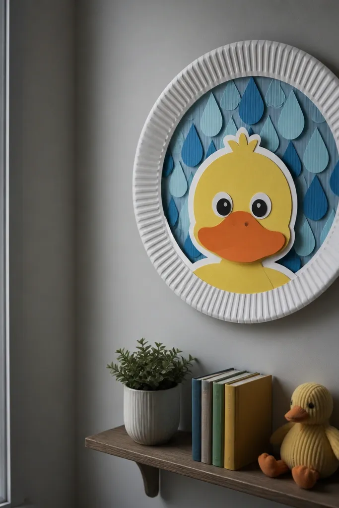 A round duck wall art piece with layered raindrop shapes and a white border