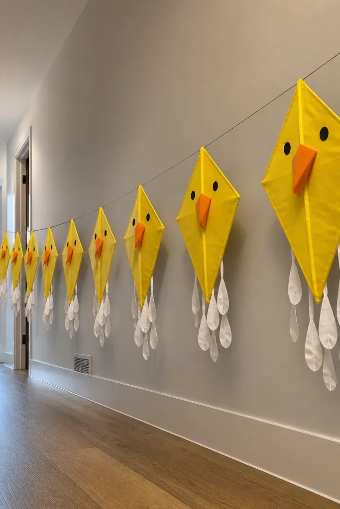 Three small paper duck kites on a string with raindrop tails