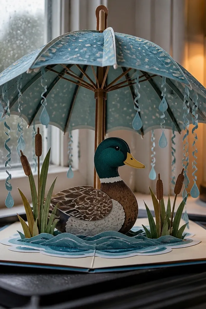 A fold-out duck umbrella card with curled paper raindrops