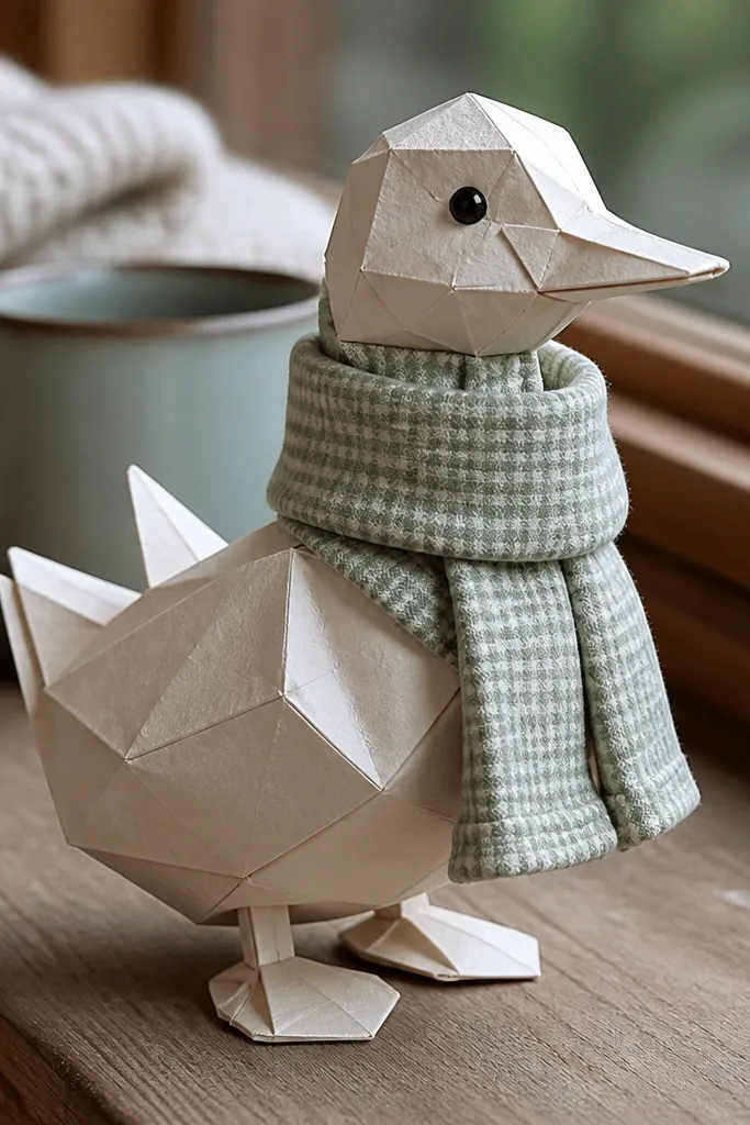 Yellow duck paper doll wearing a cream scarf with a fold-over collar