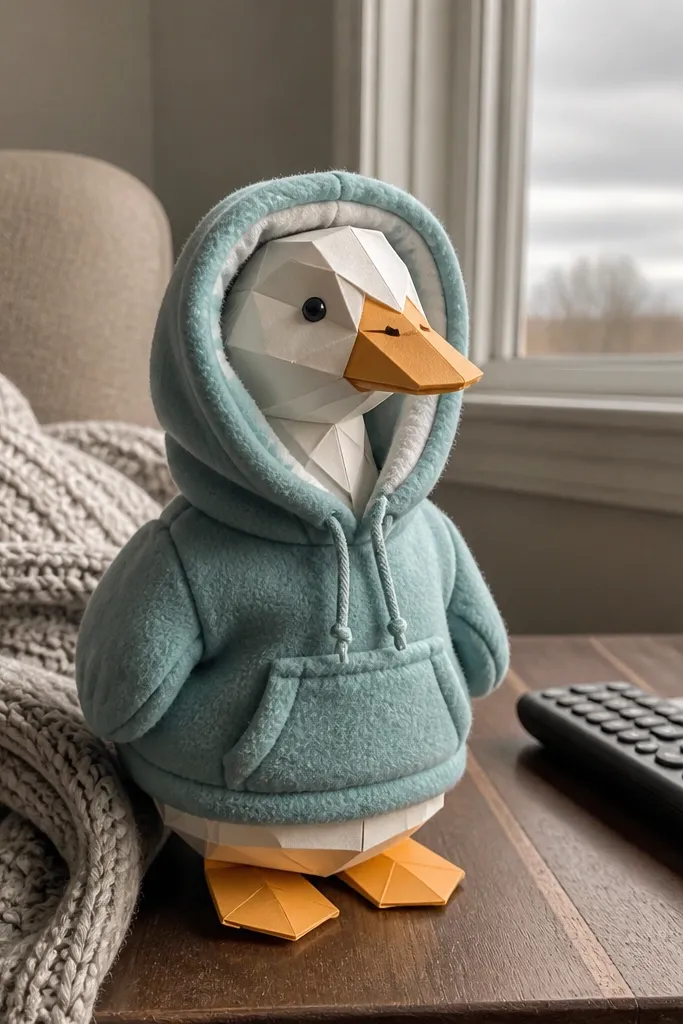 Duck paper doll wearing a light teal hoodie with layered hood and pocket