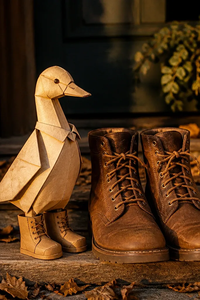 Duck paper doll wearing brown boots with tan lace lines