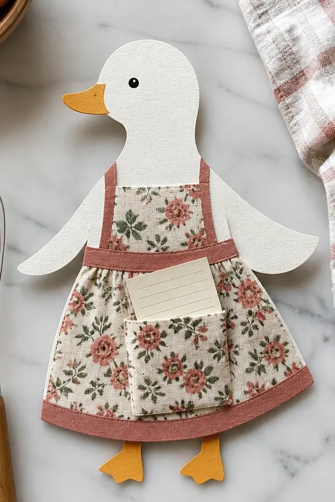 Duck paper doll wearing a cream apron with a small front pocket