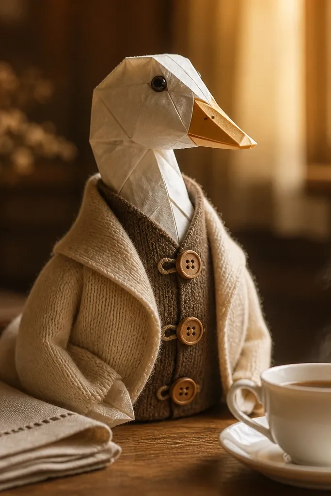 Duck paper doll in a beige cardigan with two round toggle buttons
