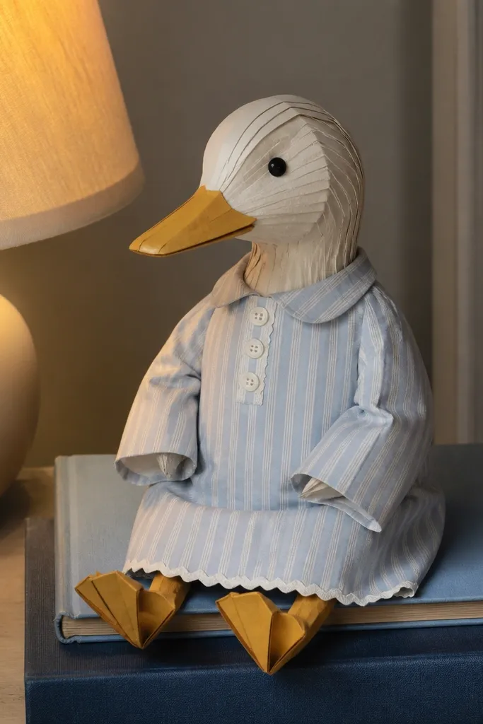 Duck paper doll wearing a striped nightshirt with a scalloped bottom edge