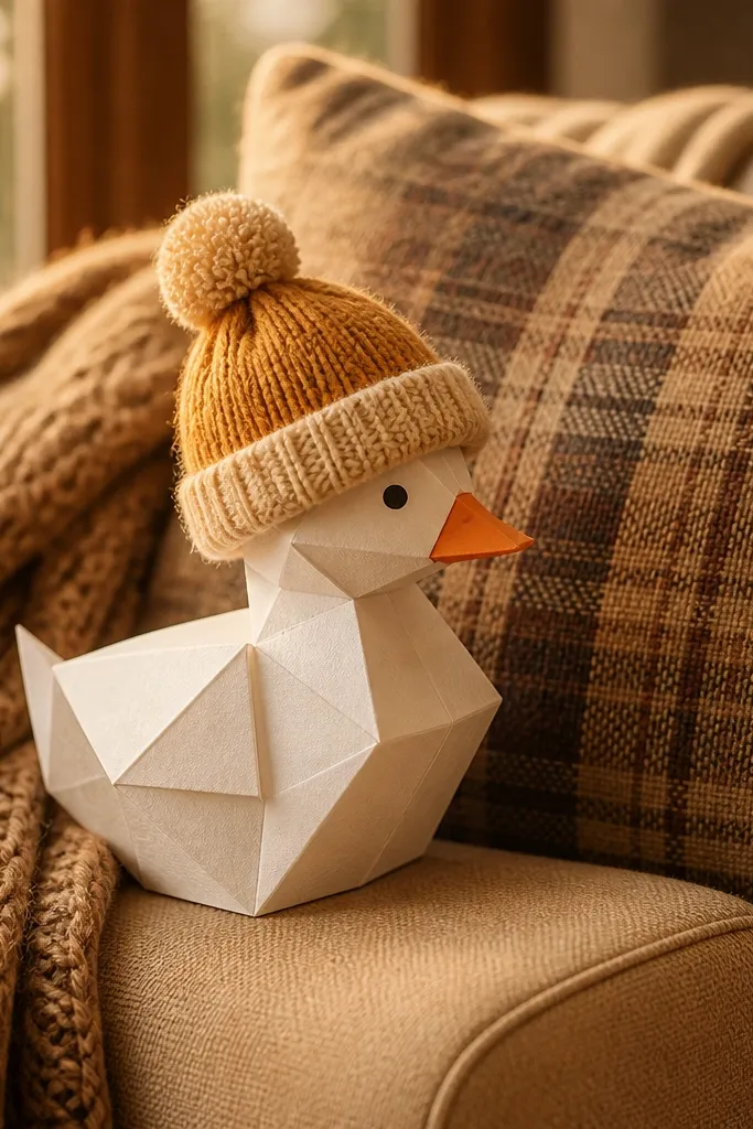 Duck paper doll wearing a knit beanie with a fluffy pom-pom