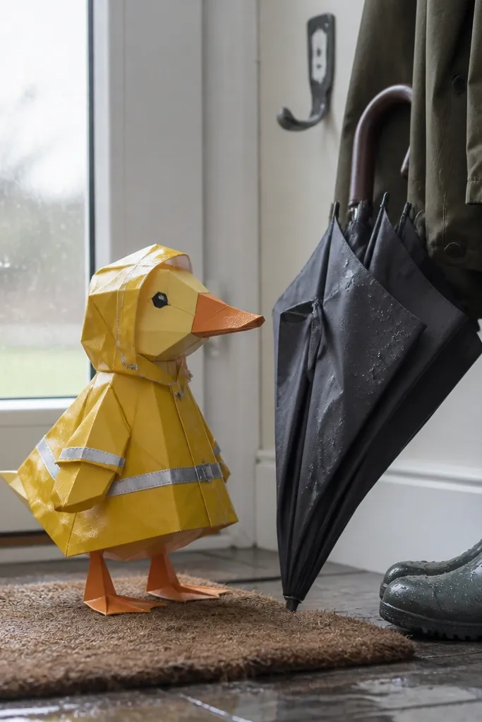 Duck paper doll in a bright yellow raincoat with hood and belt