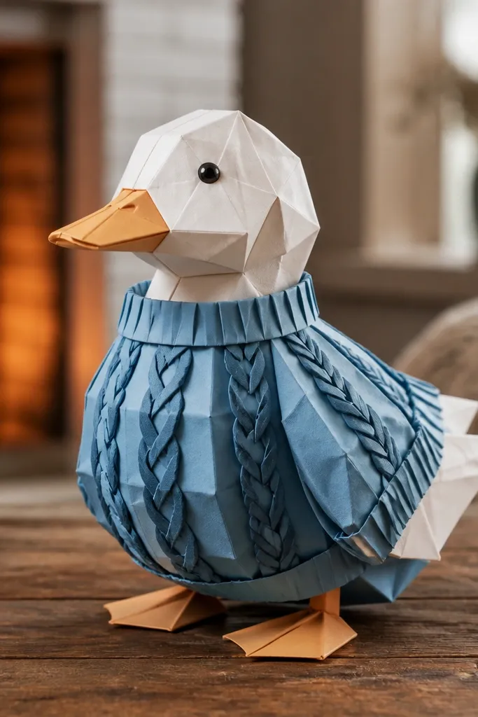 Duck paper doll wearing a sweater with paper cable knit lines