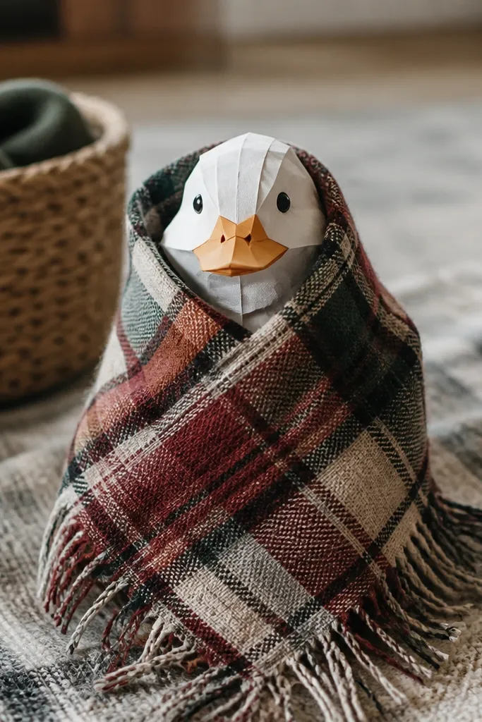 Duck paper doll wrapped in a cozy blanket with a fringe border