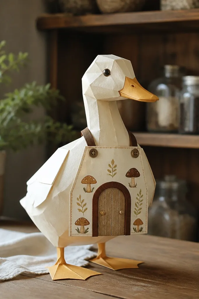 Duck paper doll wearing a house-shaped apron panel with a tiny door