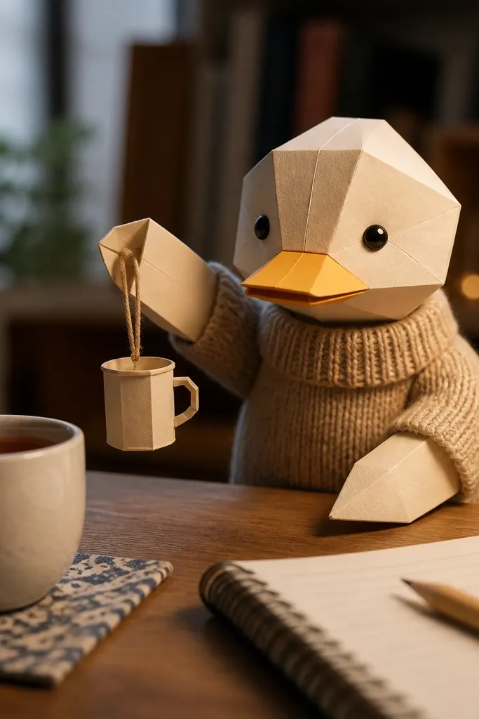 Duck paper doll wearing a sweater with a hanging tea cup charm