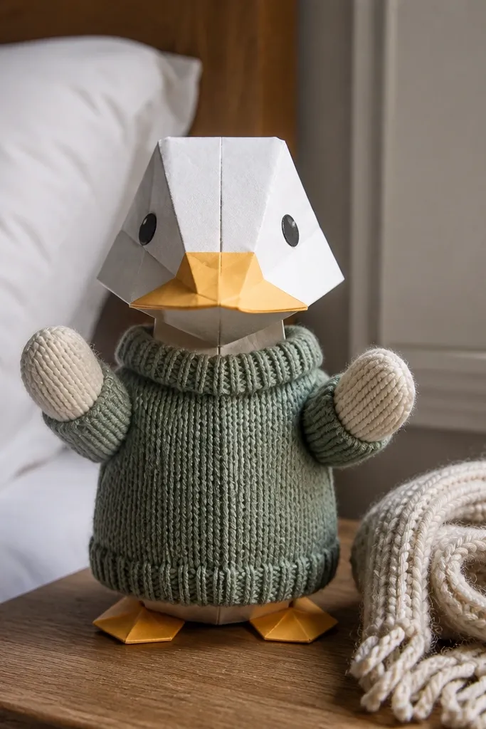 Duck paper doll wearing sleeves with knit mitten cuffs