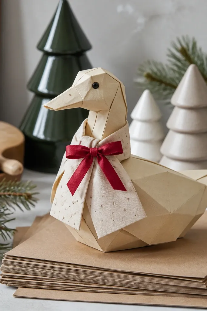 Duck paper doll with a red scarf tied in a bow at the chest