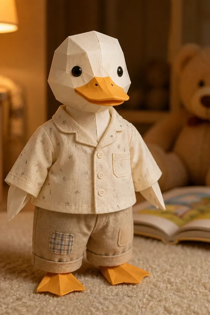 Duck paper doll in pajama top and pants with a patchwork knee