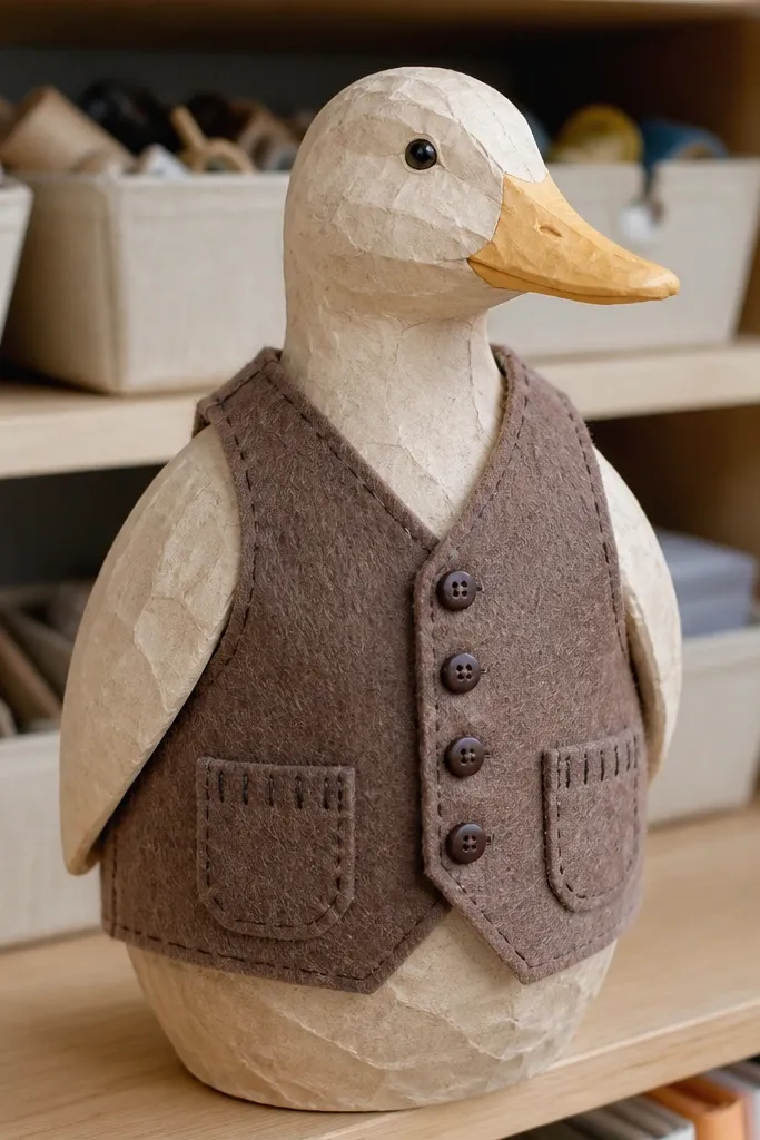 Duck paper doll wearing a pocket vest with three button circles